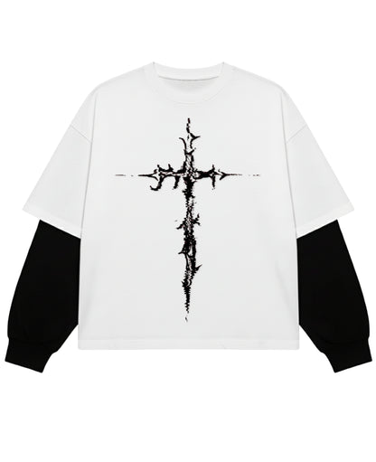 White With Black Sleeve Oversized Tee Front Design